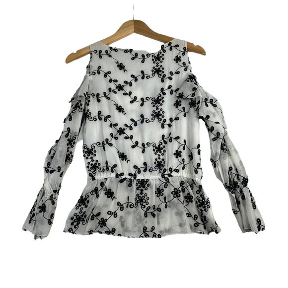 New‎ Joie Carlyton Eyelet Floral Cold Shoulder Ruffle Blouse Size XS White/Black - Picture 6 of 8